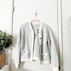 NEW LOFT Marled Tweed Sweater Jacket Cardigan Knit Gray White Button Up Medium